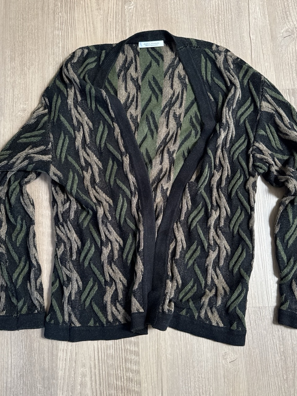 Open-Front Wave-Pattern Cardigan Sweater - Black, Olive & Tan